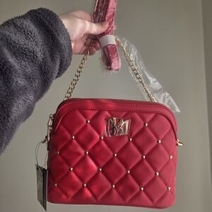 NWT Badgley Mischka Red Quilted Studded Dome Shaped Crossbody Bag